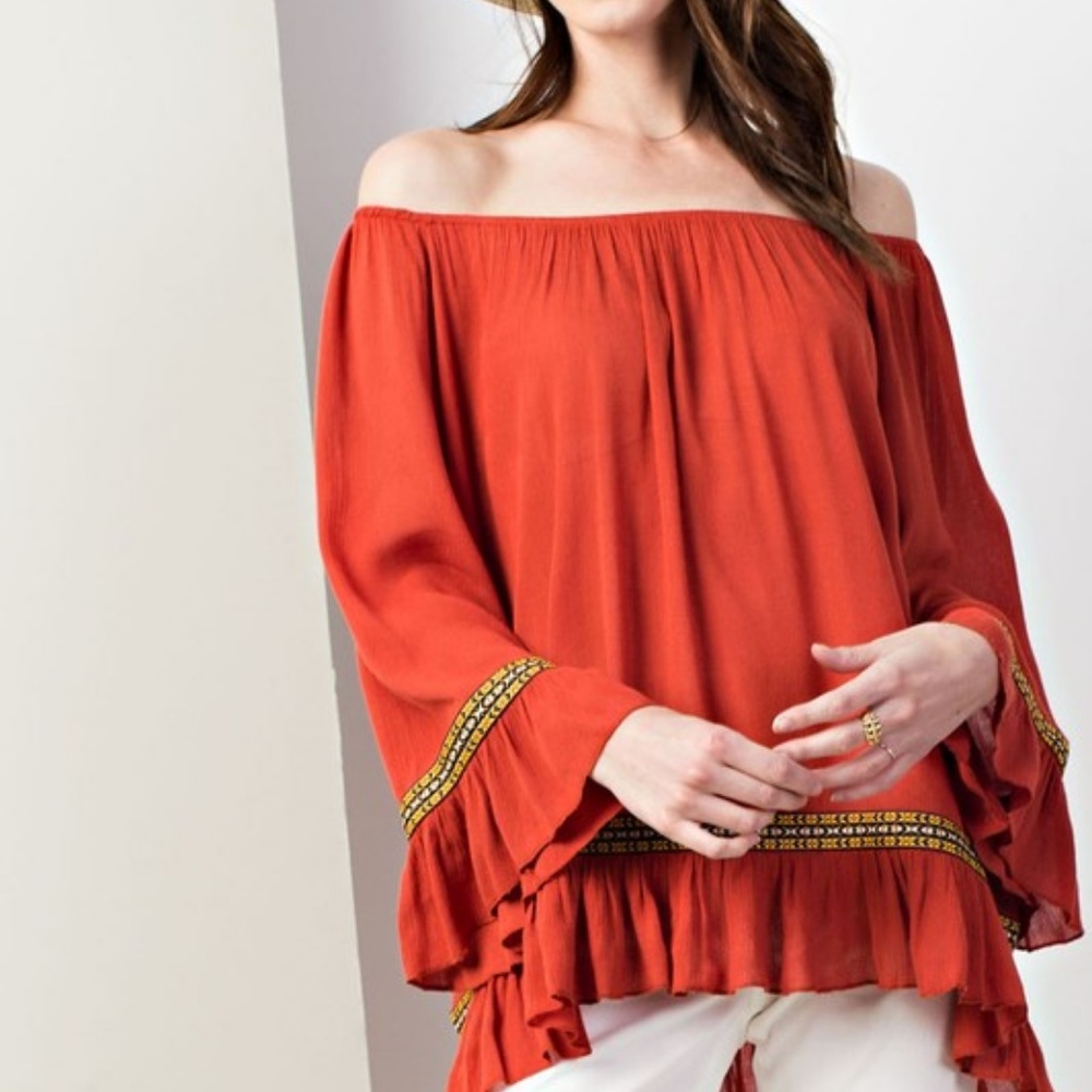 Pumpkin Orange Boho Bell Sleeve Tunic Top M NWT - Picture 2 of 5